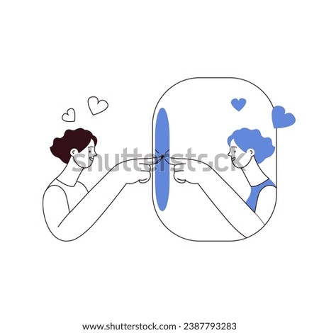 Love yourself. Take time for your self. Happy woman pointing on herself in mirror reflection isolated on white background. Mental health. Black and white modern flat vector illustration.