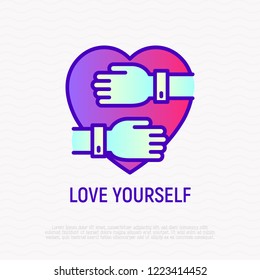 Love Yourself Thin Line Icon: Hands Hug Heart. Modern Vector Illustration Of Selfcare And Self Acceptance.