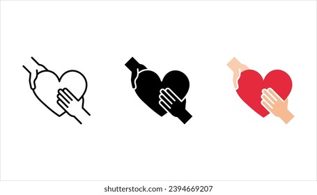 Love yourself thin line icon set, hands hug heart. Modern vector of selfcare and self acceptance. vector illustration on white background