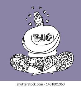 Love yourself. Truce concept. Happy girl hug herself with joy. Doodle stile character with closed eyes sitting cross legged and meditating, relaxing. Hand drawn vector time for yourself, outline.