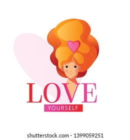 Love yourself type. Beautiful girl, queen or princess. Self-care. Golden crown. Design print for t-shirt, pin label, badges, sticker, greeting card, banner. Vector illustration