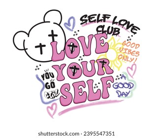 Love yourself typography groovy slogan vector illustration for t-shirt and other uses