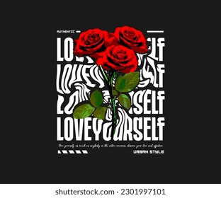 Te amo el eslogan de la tipografía con la ilustración de rosas rojas sobre el fondo negro para la ropa de calle y el diseño de camisetas de estilo urbano, capuchas, etc