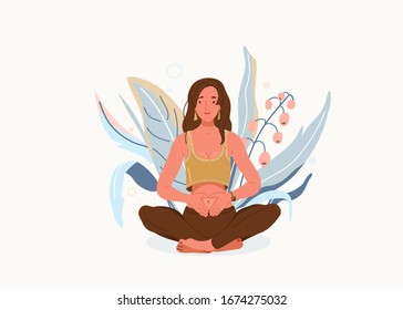 Love yourself vector background. Self-care body wellness concept. Young woman sitting in yoga posture. Girl fold her hands on her stomach, fingers formed heart shape. Happy meditate female character.