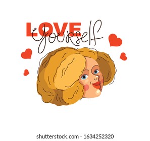 Love yourself vector concept, portrait of cute attractive woman and lettering, be selfish, accept your body, take care of yourself.