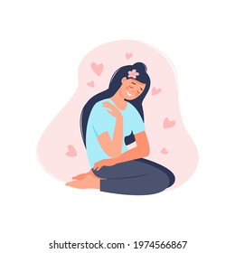 Love yourself vector flat illustration isolated on white background. Smiling woman hug herself with hearts. Body care design concept for banner, flyer, card