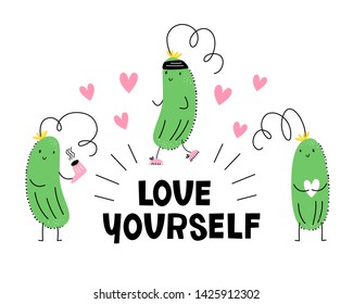Love yourself. Vector illustration with cucumber Beauty, sport and love. Emoji