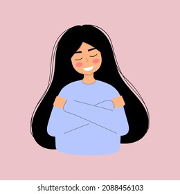 Love yourself vector Illustration. Happy woman hugging herself Cartoon character. Concept of self care, love your body.