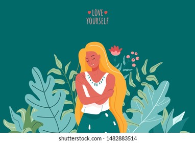 Love yourself vector illustration. Smiling woman hug herself. Body care design concept for print card, poster with motivational text words and floral green, pink elements. On dark background.