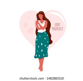 Love yourself vector illustration. Smiling woman hug herself. Body care design concept. Heart shape on background with text motivation inspirational words.