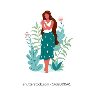 Love yourself vector illustration. Smiling woman hug herself. Body care design concept. Floral nature elements.