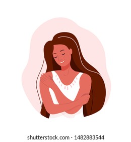 Ilustração vetorial de ame a si mesmo. Mulher sorridente se abraça. Conceito de design de cuidados com o corpo isolado no fundo branco.