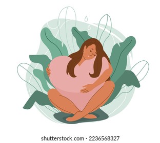 Love yourself vector illustration. Smiling woman sit and hug big heart in nature floral modern elements. Body care design concept. Isolated in white background.