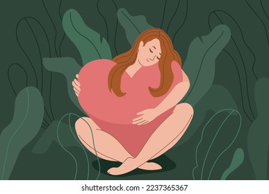 Love yourself vector illustration. Smiling woman sit and hug big heart in nature. Body health, emotion care design concept in cute modern flat style.