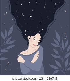 Love yourself vector illustration. Smiling woman hug herself. Body care design concept. Floral nature and astrology elements.