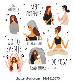 Love Yourself Vector Set. Happy Lifestyle Poster. Motivation For Women To Take Time For Yourself: Read Books, Go To Events, Meet Friends, Do Yoga, Healthcare, Skincare. Vector Illustration. 