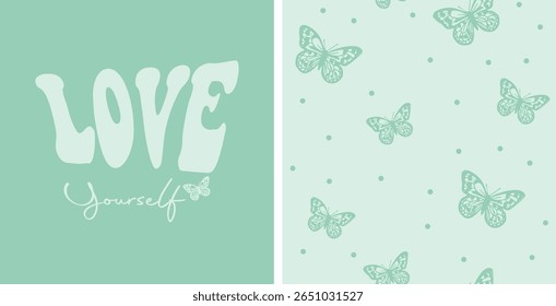 Love Yourself vintage slogan typography with butterfly pattern. Vector illustration design for fashion graphics, t shirt, print, slogan tee, card, poster.
