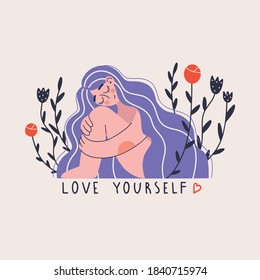 Love Yourself. Woman Hugging Herself. Lettering. Love Your Body Concept. Vector Illustration.