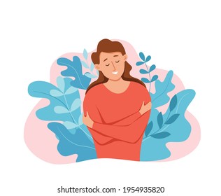 Love yourself woman hugging herself with enjoying emotions vector illustration.  Happy smiling girl hugging herself narcissistic, self-confident. Self care body positive, healthcare, skincare concept