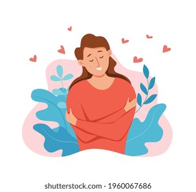 Love yourself woman hugging herself with enjoying emotions vector illustration.  Happy smiling girl hugging herself narcissistic, self-confident. Self care body positive, healthcare, skincare concept