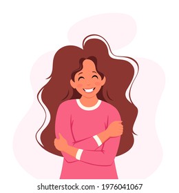 Love yourself. Woman hugging herself. Vector illustration