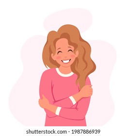 Love yourself. Woman hugging herself, self love. Vector illustration