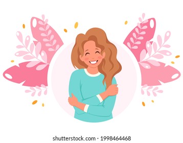 Love yourself. Woman hugging herself, self love. Vector illustration