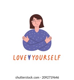 Love yourself. Woman hugging herself on white background. Love your body concept. Take time for your self.  Trendy colors. Flat vector illustration. 