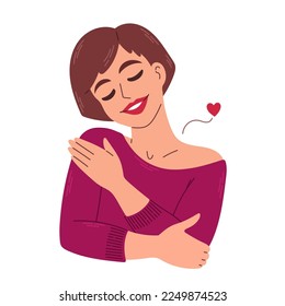 Ama a ti mismo. Mujer abrazándose con el corazón. Ama tu concepto corporal. Tómate tiempo para ti. Ilustración vectorial.