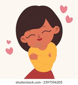 Love yourself. A woman hugging herself. Taking care of yourself, accepting yourself. Vector illustration.