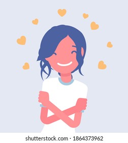 Love yourself, woman in peace, comfort with herself. Young girl in positive thinking, feeling healthy, active person stops negative self talk to reduce stress. Vector creative stylized illustration