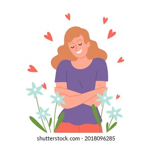 Love yourself. Woman self hug, happy girl in flowers and hearts. Isolated cute female vector character