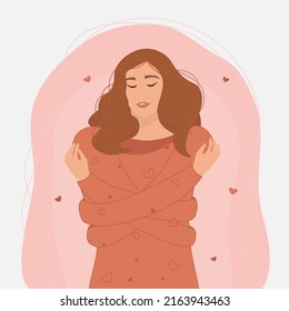 Love yourself. Woman self-hug vector character, happy girl in flowers and hearts. Isolated cute female expressing self-love and care. Vector illustration for love yourself, body positive, confidence 