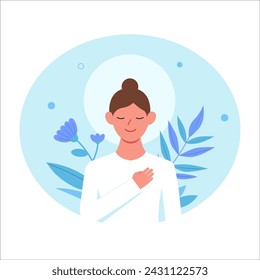 Love yourself. Woman take care of mentality and learn self accepting. Mental health and psychotherapy concept. Vector illustration.