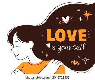 love yourself. A woman wraps herself in her arms and smiles.