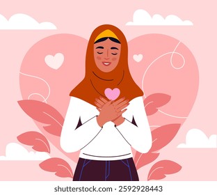 Love yourself woman. Young girl in hijab hug herself. Self acceptance and and love. Taking care of mental and psychological health. Positivity and optimism. Flat vector illustration