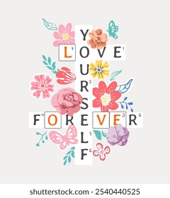 love yourself word crossing with colorful cartoon flowers vector illustration