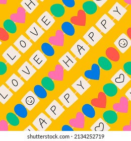 Love yourself words in beads bracelets. Seamless pattern with colorful necklace beads. Vector background in hippie style