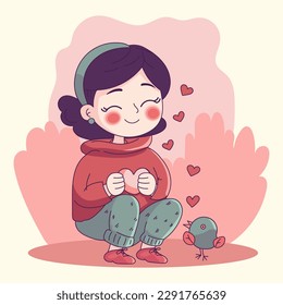 Ama a ti mismo. El mundo del amor. Chica con pájaro. Concepto de amor propio. Ilustración activa del estilo de vida