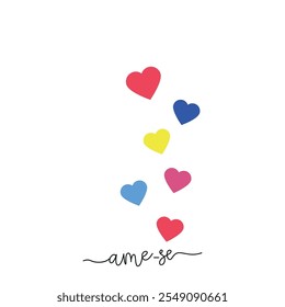 Love yourself. Written in black cursive and Portuguese and six hearts of red, blue, yellow rose and blue rising up like a balloon.