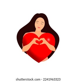 Love yourself. Young girl hands making a heart symbol with fingers showing love and acceptance. and hug heart on white background flat vector.