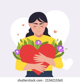 Love for yourself. Young girl hugs heart and flowers. Positive psychology and optimism, mental health and selflove. Ego confidence and body acceptance metaphor. Cartoon flat vector illustration