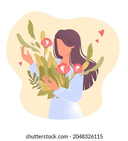 Love yourself. Young woman holds beautiful flower in her hand. Girl loves her body and cares about beauty of skin. Self confidence. Cartoon flat vector illustration isolated on white background