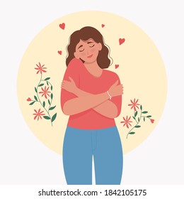 Love yourself. Young woman hugging oneself, happy, positive, and smiling. Cute vector illustration in flat style