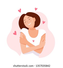 Love yourself. Love your body concept. Girl Healthcare Skincare. Take time for your self. Vector illustration. Woman hugging herself with hearts on white background. Pastel cute soft colors. Relax