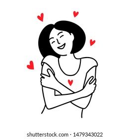 Love yourself. Love your body concept. Girl Healthcare Skincare. Take time for your self. Vector illustration. Woman hugging herself with red hearts on white background. Line doodle style.