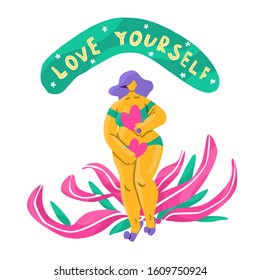 Love yourself. Love your body concept. Woman hugging herself with hearts and flowers on white background. 