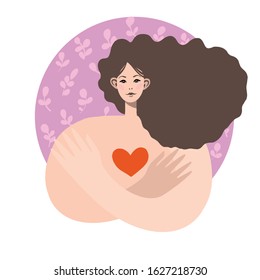 Love yourself. Love your body concept. Girl Healthcare Skincare. Take time for your self. Vector illustration. Women hugging herself with hearts on white background. Pastel pink cute soft colors