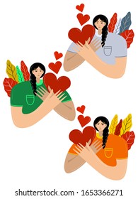 Ama a ti mismo. Ama tu concepto corporal. Cuidado de la piel para las niñas. Tómate tiempo para ti. Ilustración del conjunto de vectores. Mujeres abrazándose con corazones de fondo blanco. Los colores dulces rosados pastel. 