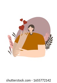Love yourself. Love your body concept. Girl Health care Skin care. Take time for your self. Vector flat illustration. Women hugging herself with hearts on white background. Pastel cute soft colors.